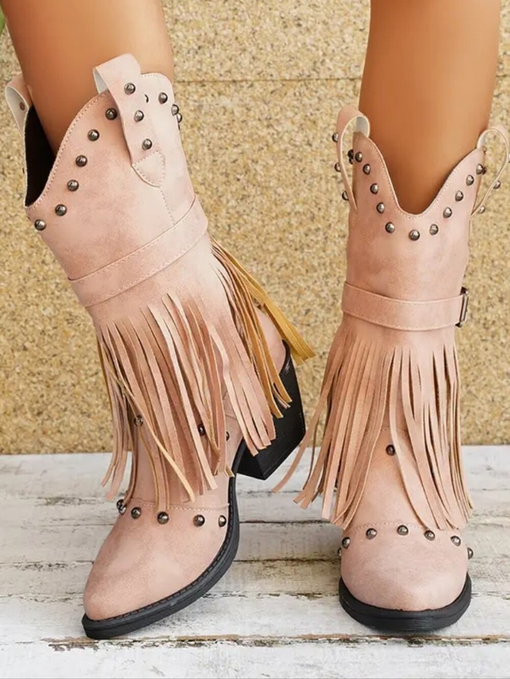 NEW! Nude Pink Fringed Studded Western Boots 6.5